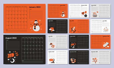 Horizontal calendar or planner 2022. Tiger year. Seasons. Set of 12 monthly pages. Organizer scheduler timetable vector template. Wall table calendar. Week starts on Sunday. Goals notes to do listのイラスト素材