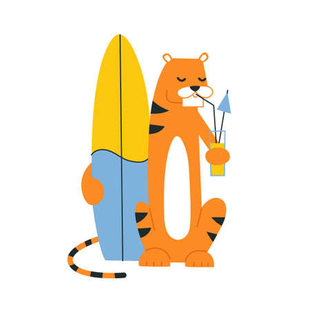 Cute cartoon tiger. Sport. New Year 2022. Chinese horoscope. Vector isolated illustration. Summer sport activities. Surf surfing relax. Beach vacation. Poster printing greeting card design templateのイラスト素材