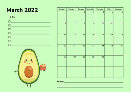 Horizontal planner 2022 with avocado. March calendar page. Organizer scheduler timetable vector template. Monthly pages. Week starts on Sunday. Cartoon cute kawaii character. Healthy food fruits dietのイラスト素材