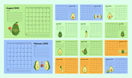 Horizontal calendar or planner 2022 with avocado. Set of 12 monthly pages. Scheduler timetable vector template. Cute cartoon characters. Healthy food. Week starts on Sunday. Goals notes to do listのイラスト素材