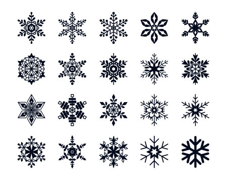 Snowflake silhouettes collection. Black isolated silhouettes. Laser cutting templates. Winter holidays decorations. Ornament design. Vector illustrations of snowflakes. Icons setのイラスト素材