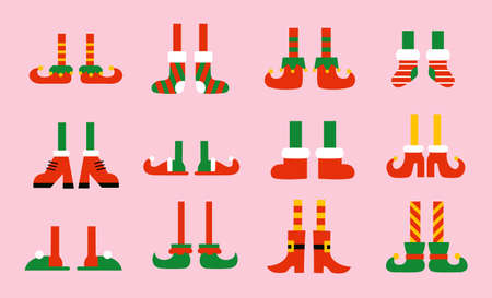 Shoes and boots for elves feet. Santa Claus helpers. Vector collection of cute cartoon Christmas holiday elf feet and legs. Isolated illustrationsのイラスト素材