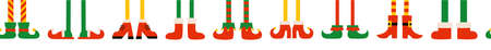 Shoes and boots for elves feet. Santa Claus helpers. Seamless pattern, endless border, decorative Christmas holiday brush with feet and legs. Elf gnome dwarf. Edge stripe ornament designのイラスト素材