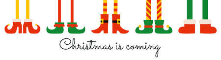 Christmas is coming banner poster horizonal template. Shoes and boots for elves feet. Elf gnome dwarf. Santa Claus helpers. Cute cartoon Christmas holiday elf feet and legs. Greeting card designのイラスト素材