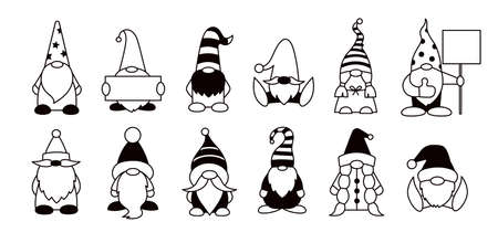 Gnomes isolated illustrations. Black and white. Set of vector cartoon gnome charactersのイラスト素材