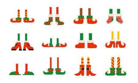 Cartoon elves feet with boots isolated illustrations. Christmas elf feet in shoes. Vector set of elves legs. Santa little helpersのイラスト素材