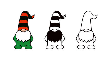 Garden gnome or dwarf in striped hat. Cartoon isolated illustrations. Vector magic character for Christmas, spring or summer design. Line and color icons. Icon setのイラスト素材