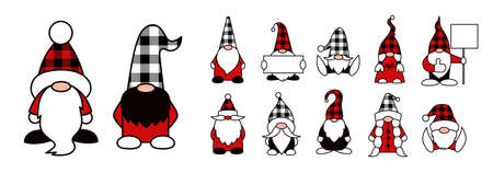 Christmas gnomes isolated illustrations. Buffalo check plaid. Red black and white colors. Set of vector cartoon garden gnome charactersのイラスト素材