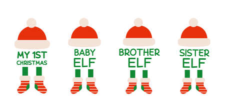 Kids Christmas sublimation. My first Christmas design templates. Cartoon sister and brother elf illustrations. Christmas winter themed baby monogramのイラスト素材