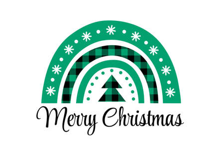 Boho rainbow. Traditional green Boho Christmas isolated ornament. Buffalo plaid decoration. Design template with snowflakes, Christmas tree. Vector isolated illustration. Winter decorative elementのイラスト素材