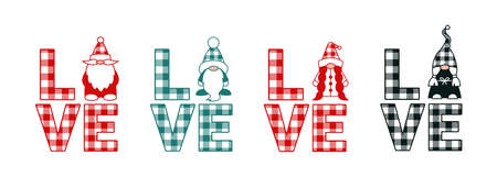 Christmas gnomes sublimation. Love gnomes. Buffalo plaid vector illustrations of Santa Claus and Snow Maiden. Cute boy and girl gnome svg cut file. Romantic Valentines day vector design template.のイラスト素材