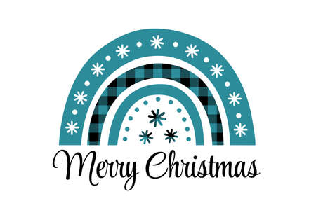 Boho rainbow. Blue Boho Christmas isolated ornament. Buffalo plaid decoration. Design template with snowflakes. Merry Christmas. Vector isolated illustration. Winter decorative elementのイラスト素材