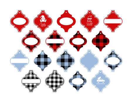 Christmas gift tags or labels. Arabesque tile ornament. Buffalo plaid texture. Winter holiday frames. Santa squad. Farm fresh Christmas trees. Christmas truck silhouetteのイラスト素材