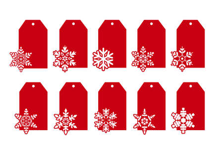 Christmas gift tags or gift labels with snowflakes. Vector decorative elements. Silhouettes of discount price tags for fall or winter sale. Tag stencils for plotter, paper cut or laser cuttingのイラスト素材