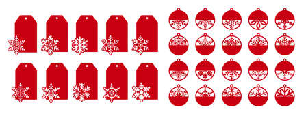 Christmas gift tags or gift labels with snowflakes. Vector decorative elements. Silhouettes of discount price tags for fall or winter sale. Tag stencils for plotter, paper cut or laser cuttingのイラスト素材