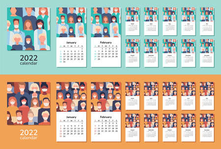 Square calendar 2022. Happy New Year. Doctors. Cover and 12 months pages. Nurses, healthcare workers, medical staff. People of different nationalities in masks. Working in hospital. Healthのイラスト素材