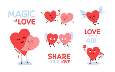 Set of cute Valentine heart characters. Vector illustrations of couple in love. Two hearts. Romantic partners concept. Flying cartoon angel. Love is in the air, share your loveのイラスト素材