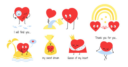 Set of happy red smiling hearts. Love and friendship. Find your love, soulmate. Perfect match. Cute cartoon heart characters. Romantic Valentines day design. Vector illustrations in flat style.のイラスト素材