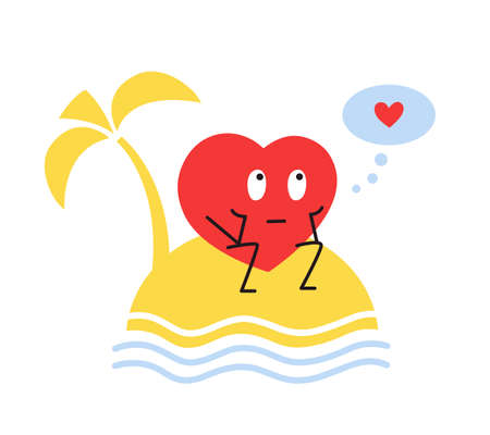 Red lonely heart for Valentines day design. I need love. I miss you. You are not alone. Sweet dreams. Vector illustration in flat style isolated on white. Cute kawaii characterのイラスト素材