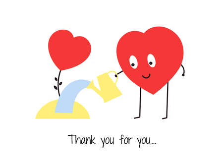 Flowers of love. Happy red heart character for romantic Valentines Day design. Thank you. Love and friendship. Vector isolated illustration. Cute greeting card templateのイラスト素材