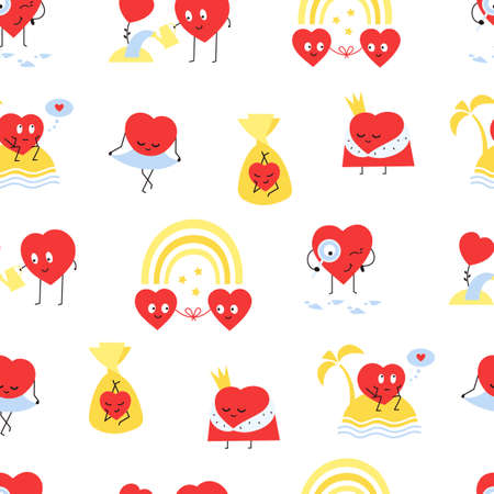 Romantic seamless pattern with hearts for Valentines Day design. Endless texture, scrapbook background, wallpaper. Scrapbooking paper. Textile love ornament, fabric print with cartoon heart charactersのイラスト素材