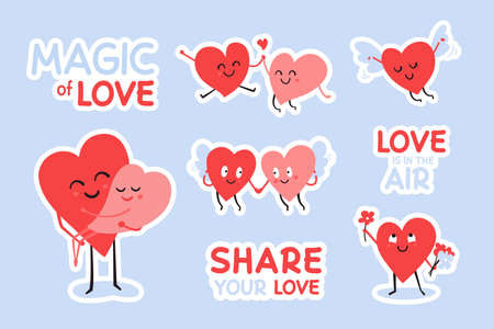 Romantic stickers with happy hearts. Vector sticker sheet for Valentines day with cute heart characters. Two angels. Couple in love holding hands. Love is in the air. Share your love. Flying cupidのイラスト素材