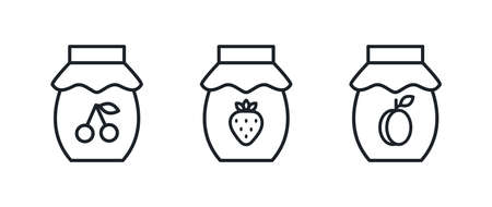 Strawberry jam icon and apricot, cherry jam icons. Jar of jam isolated line icons. Sweet dessertsのイラスト素材
