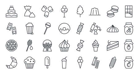 Bakery products, chocolate, candies, sweets icon set. Confectionery isolated vector line iconsのイラスト素材