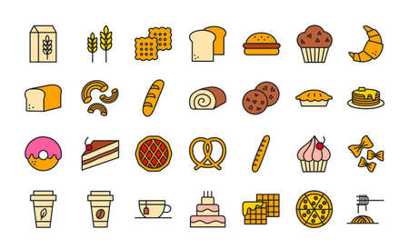 Bread, bakery products, pastry and confectionery icon set. Isolated line color iconsのイラスト素材
