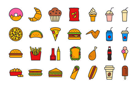 Fast food icons. Isolated line color icon setのイラスト素材