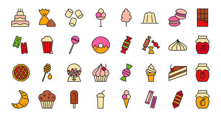 Bakery products, chocolate, candies, sweets icon set. Confectionery isolated vector line color iconsのイラスト素材