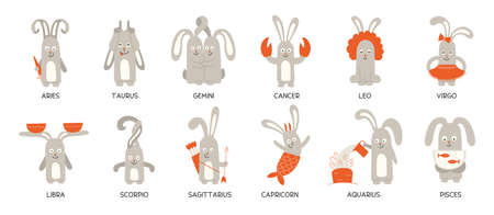 Set of cute funny zodiac rabbits. Twelve zodiac signs. Aries taurus gemini cancer leo virgo libra scorpio sagittarius capricorn aquarius pisces. Hare or rabbit astrological symbolsのイラスト素材