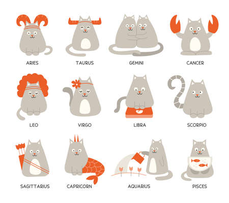 Set of cute funny zodiac cats. Twelve zodiacal signs. Aries taurus gemini cancer leo virgo libra scorpio sagittarius capricorn aquarius pisces. Cat astrological symbolsのイラスト素材