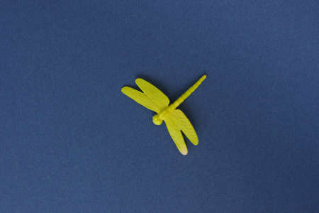 plastic toy insect - green dragonfly on the blue background, isolated, close up.の写真素材
