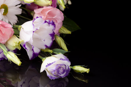 floral arrangement of lisianthus and unopened buds on an isolated background with free space for textの写真素材