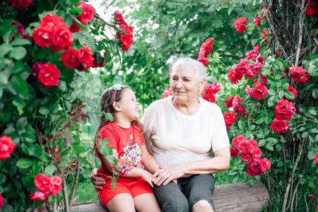 portrait of a gray haired pensioner hugging and laughing with her granddaughter sitting on a log or...