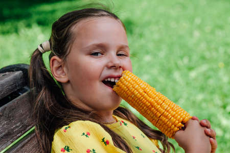 A happy five-year-old girl nibbles corn sitting on a bench in the park on a summer day. Delicious boiled corn for vegansの写真素材
