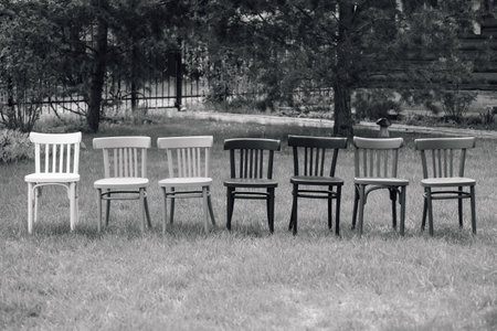 a black and white frame from a retro movie, a row of wooden Viennese chairs on the lawn in the backyard garden, a retro wedding ceremonyの写真素材