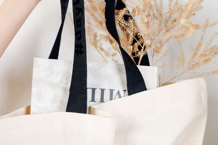 Mockup of womans hand holding reusable white cotton eco-bag with black handles with dry flowers and newspaper lying in it on white isolated background for text or design, concept of zero wasteの写真素材