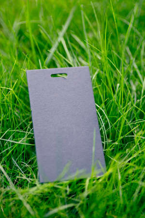Side view of frame made of green spring grass and one black tag without label for sale with copy space. Natural concept.の写真素材