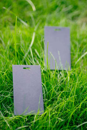Side view of two black price tags for clothing creative layout of lawn green grass with tagの写真素材