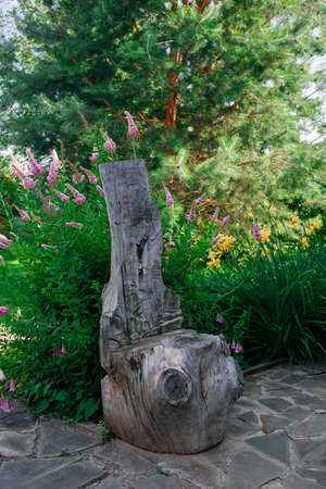 Wood stump in horizontal and vertical cuts for chopping wood on stone pavement with violet and yellow flowers, green plants and pine tree in background. Village lifeの写真素材
