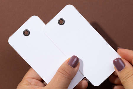 Two cardboard white blank rectangular tags with small holes in upper part for clothes in woman hands...