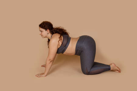 Plus sized fat motivated overweight woman keeping balance, doing yoga pose cat and cow asana....
