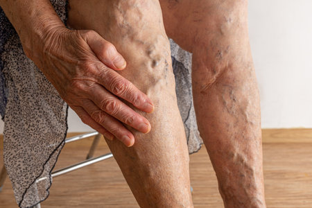 Senior woman hand show bare legs with varicose veins inflammation. Thrombophlebitis, embolism issue. Need laser surgeryの写真素材