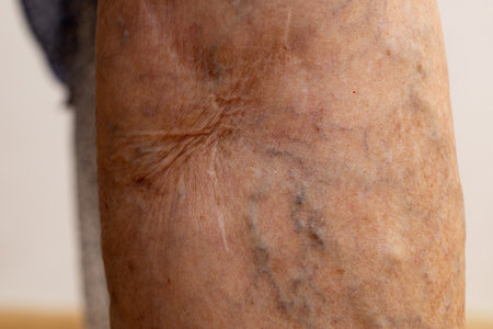Bare leg with scar after surgeon operation for blood vessels, protruding varicose veins. Thrombosis, vascular occlusionの写真素材