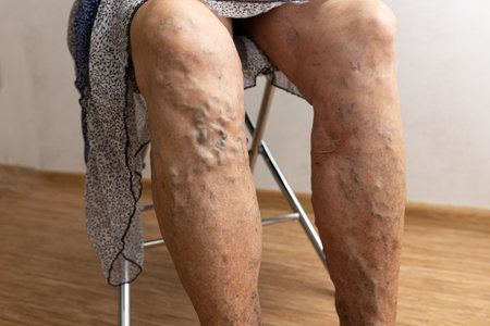 Senior woman sit with bare legs with exposed, prominent spider varicose veins. Edema skin dermatology and health careの写真素材