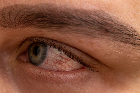 Portrait of painful womans face with allergic eyes after brown dye having eyebrow correction at home without knowingの写真素材