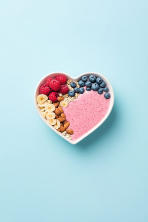 Creative heart-shaped smoothie bowl bursting with colorful fruits and nuts for a healthy breakfast delightの写真素材