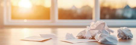 Anxiety expressed through crumpled papers on a table during a golden sunset in a quiet room